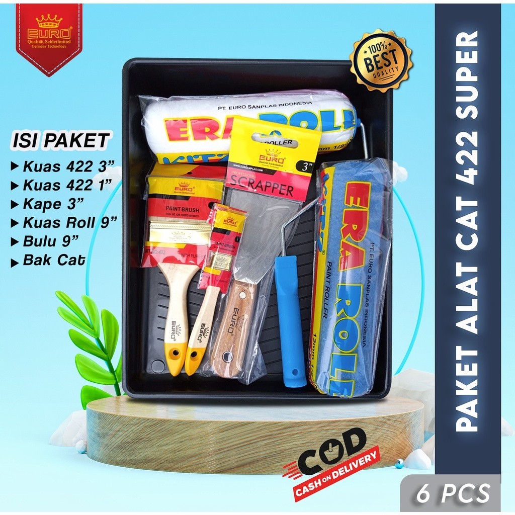 Paket Alat Cat 422 Kuas Roll 9" + Refill Kuas Roll 9" + Bak Cat + Kape Kayu 3" + Kuas 422 3" + Kuas