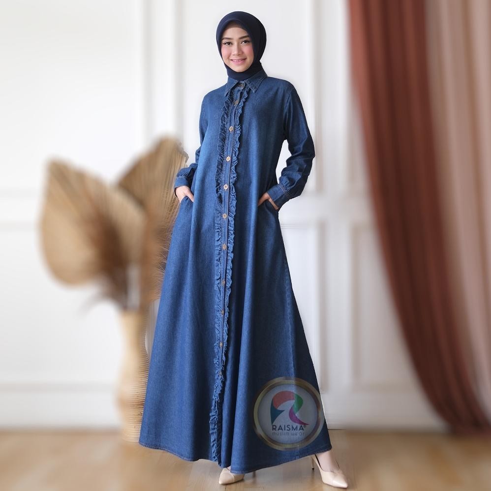 Gamis Umroh & Manasik Haji Denim Jins Biru Dongker Kancing Depan Aplikasi Kerut Tangan Baan Ziper Ga