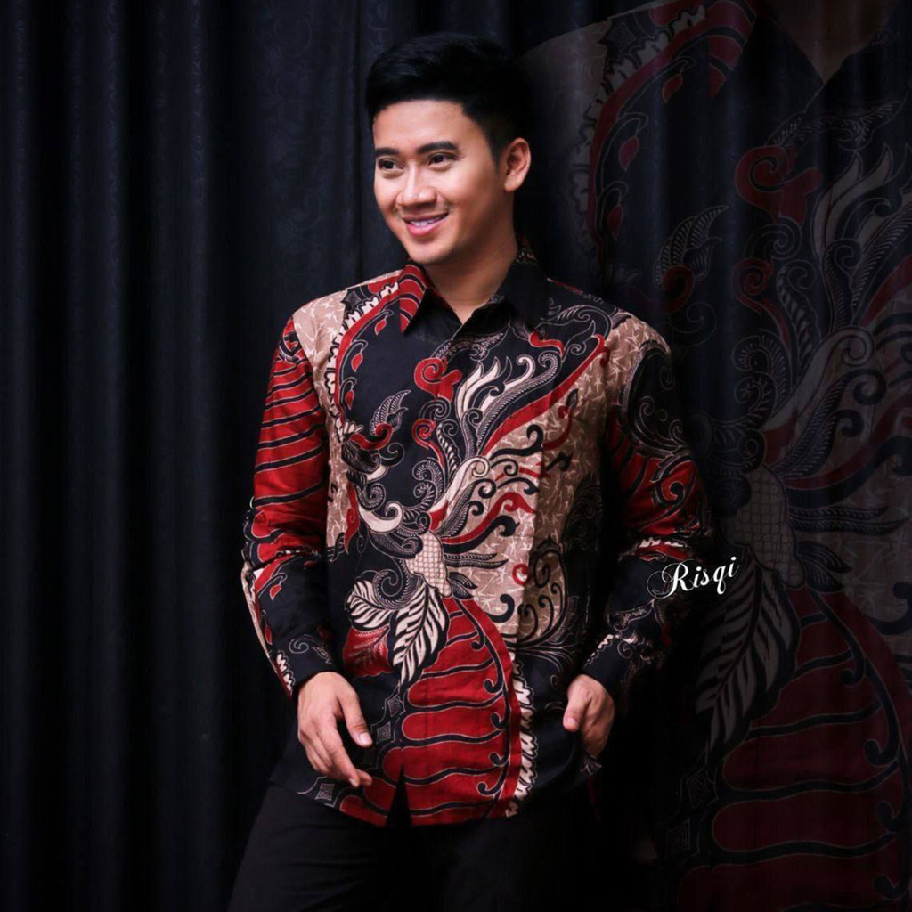 Kemeja Batik Pria Casual Lengan Panjang motif Sangkuriang Merah Katun