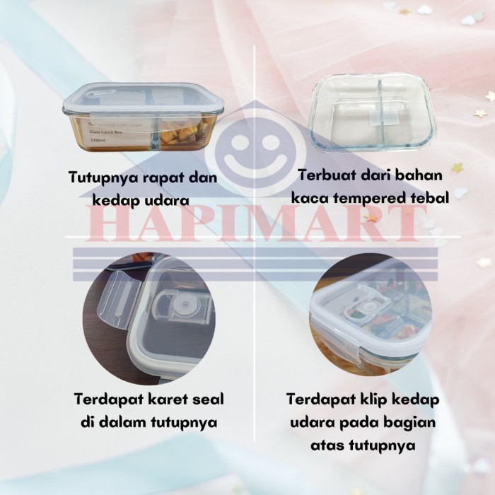 Glasslock Wadah Tempat Makanan Persegi 2 Sekat Putih Satuan Storage