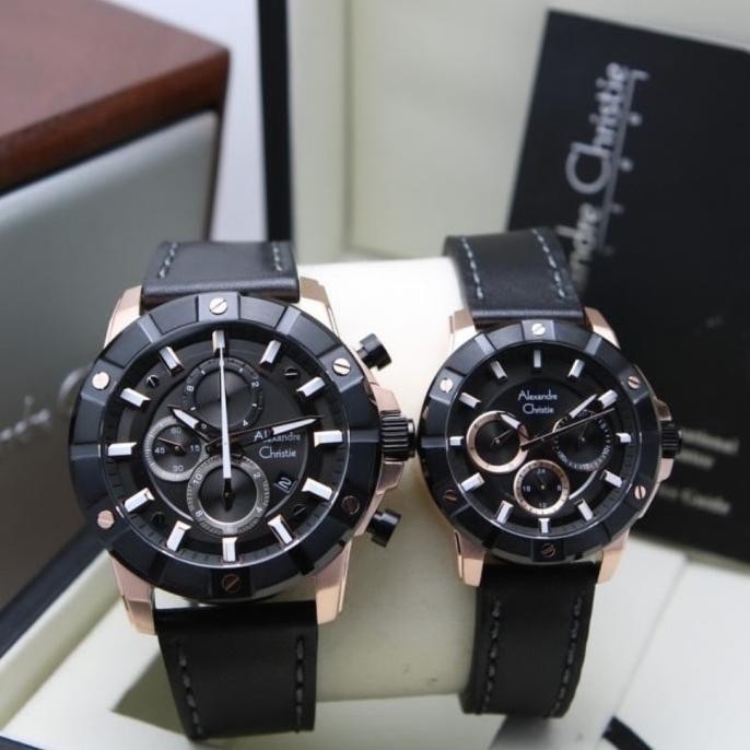 Jam Tangan Couple Alexandre Christie Original AC6609L Black Rosegold