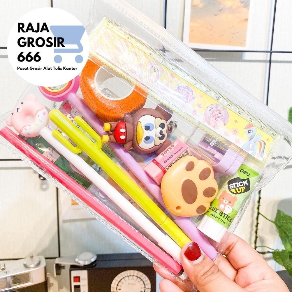 

[Promo][Cod][Gratis Ongkir] Pouch Set Alat Tulis Sticker Pensil Gantungan Kunci Pulpen Pena Pensil Penggaris Sekolah Sticky Notes Penjepit Sticker Cutter Mini Finger Protector