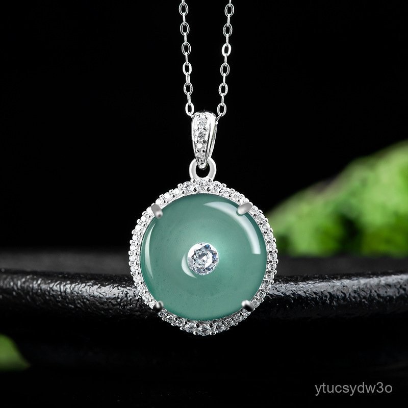 (ytucsydw3o)(Kirim Sertifikat）S925Tatahan Perak AlamiAJade Kalung Liontin Giok Es Gesper Perdamaian,