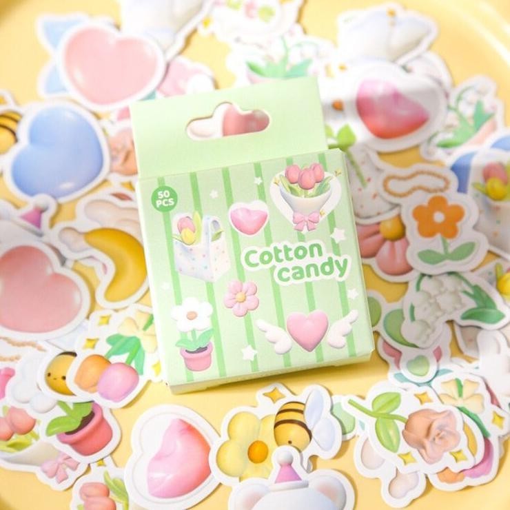 

[Miloli] 50Pcs Catton Candy Deco Sticker Planner Diy Scrapbook Kotak - B0405 Promo