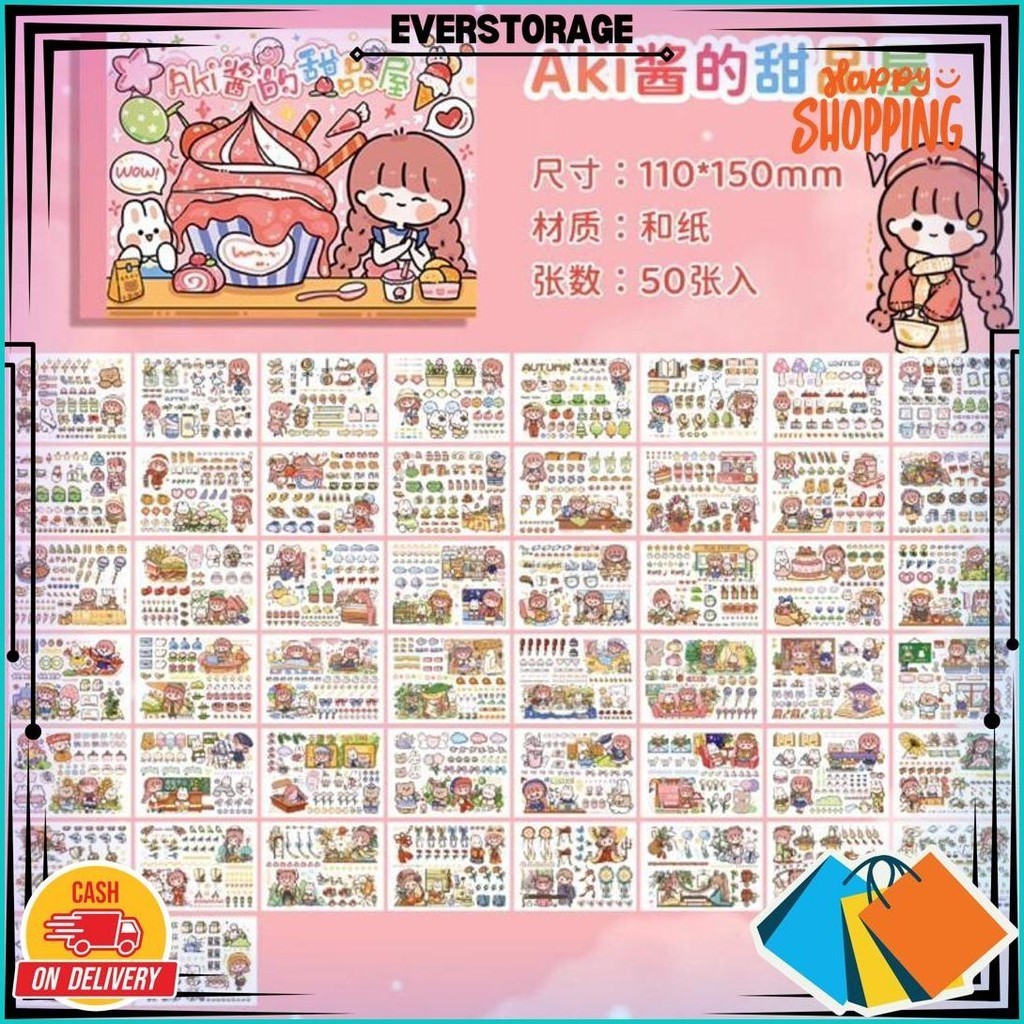 50Lembar Stiker Aesthetic Kartun Lucu /Dekorasi Jurnal/Scrapbook Cod