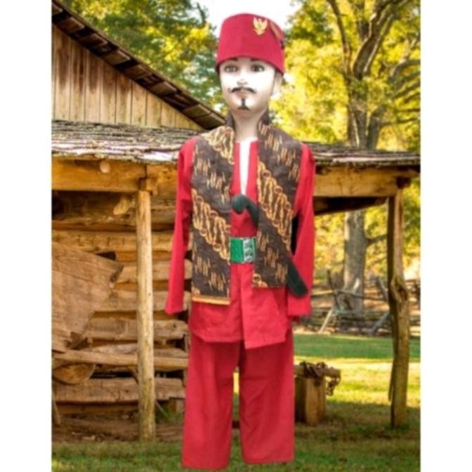 baju Betawi pangsi Betawi (baju+celana+peci+sabuk+golok+pin+selendang)