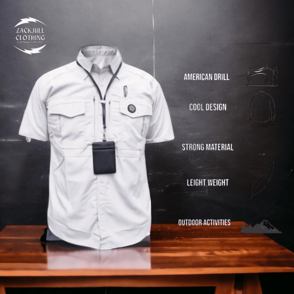 Baju Kemeja Tactical Pria Lapangan Outdoor Taktikal Lengan Pendek Putih Kerja Sem Custom Bordir Katu