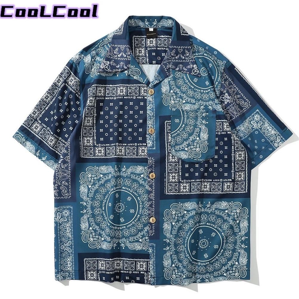 Baju Kemeja Tactical Pria Lapangan Outdoor Geometris Hitam Biru Batik Printing Shirts Kasual Lengan 