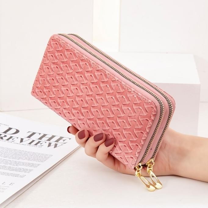 DOMPET PANJANG WANITA IMPORT 2 RESLETING KULIT PINK RAUNA WA604P3