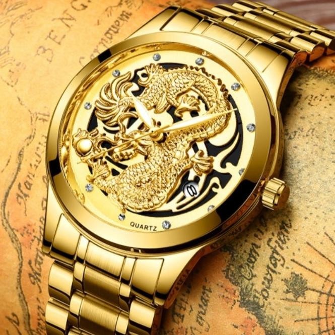 JAM TANGAN PRIA MOTIF NAGA DRAGON GOLD EMAS IMPORT FNGEEN ORIGINAL
