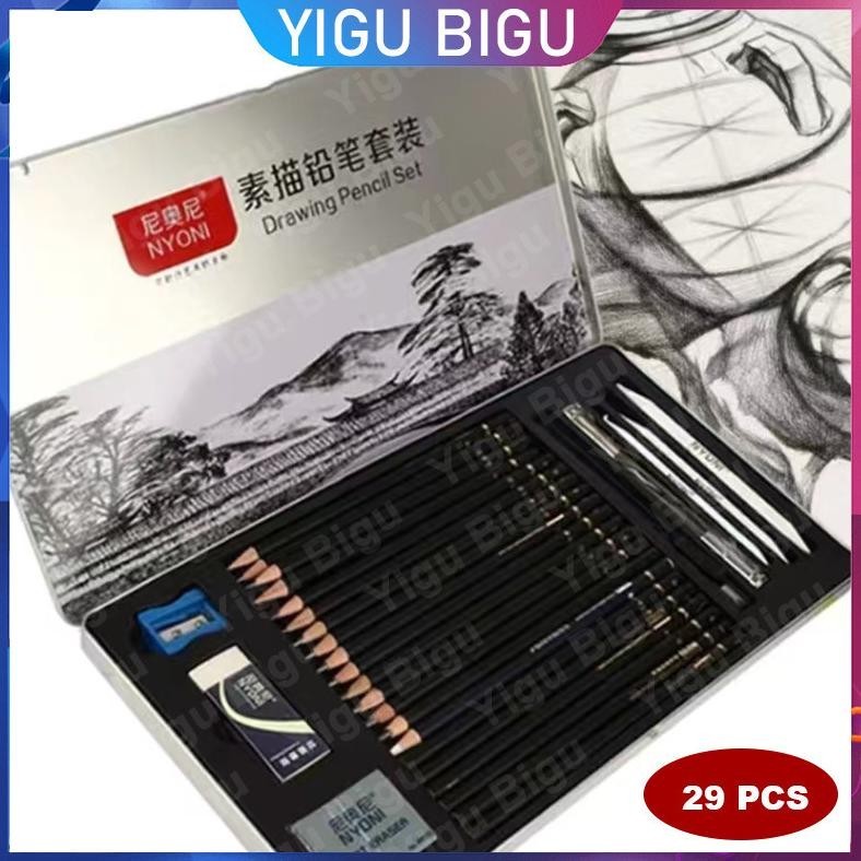 

29 Pcs Pensil Sketsa Set Pensil Kotak Besi Tirai Pensil Set Lengkap Alat Gambar Tangan Siswa Pensil Arang Lembut Profesional