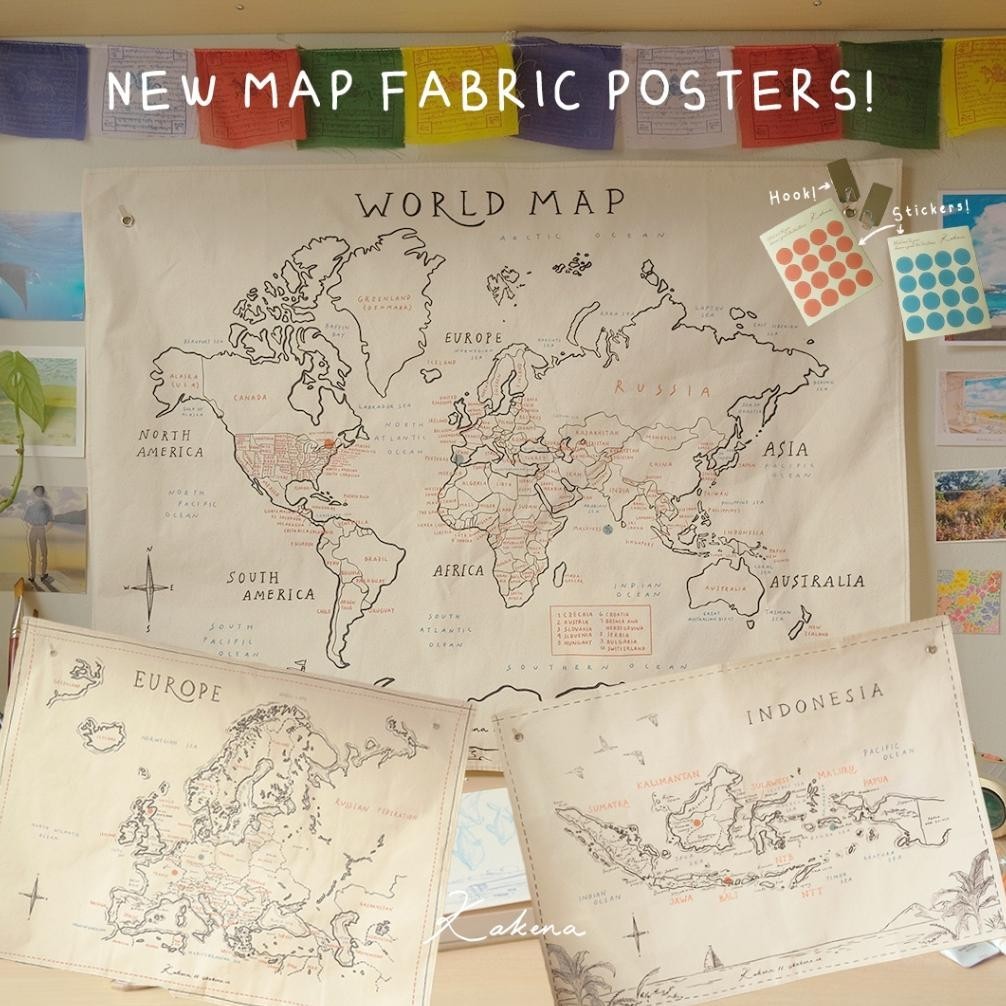 BARUU WORLD MAP FABRIC POSTER | PETA EROPA AESTHETIC | PETA INDONESIA | HIASAN DINDING DEKORASI KAMA