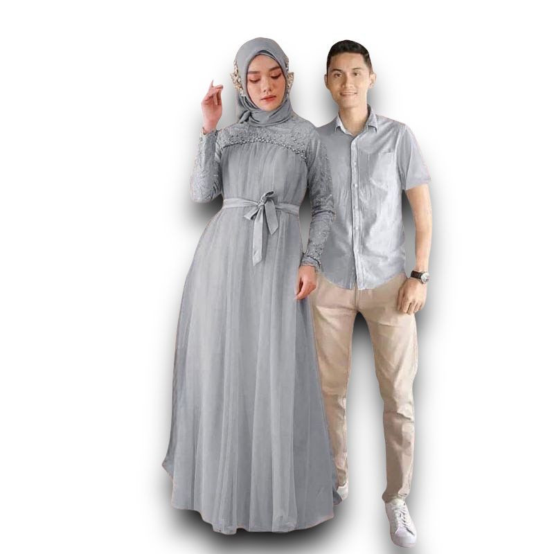 [Bahan halus dan Nyaman] COUPLE MIKELA/ COUPLE GAMIS BRUKAT TILE DAN KEMEJA MOSCREPE/ COUPLE GAMIS
