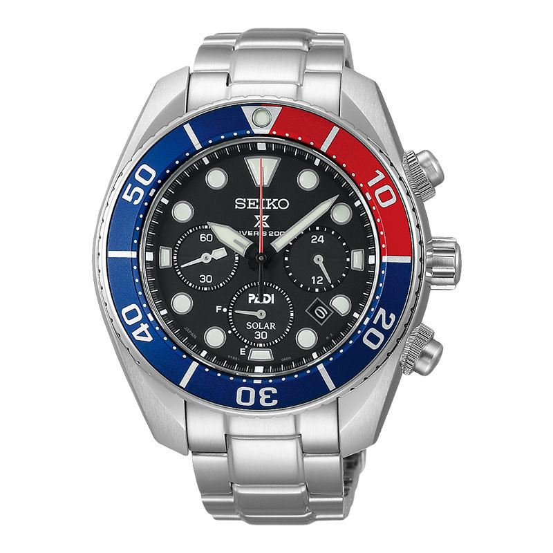 Jam Tangan Pria Seiko Prospex SSC795J1 PADI Sumo Pepsi Solar Chronograph Black Dial Stainless Steel 