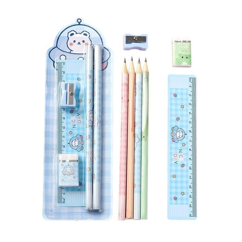 

1 Set 5Pcs / Alat Tulis Pensil Set Anak Penghapus Penggaris Rautan Lucu / Paket Alat Tulis Karakter Best Seller