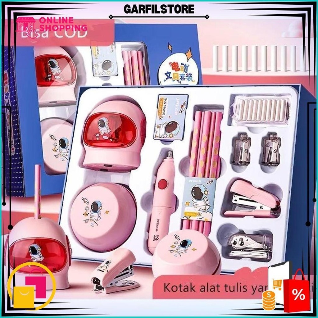 

Electric Stationery Set / Set Alat Tulis Elektrik Rautan Penghapus Vacuum Pensil 11 In 1 Pink Biru Sale