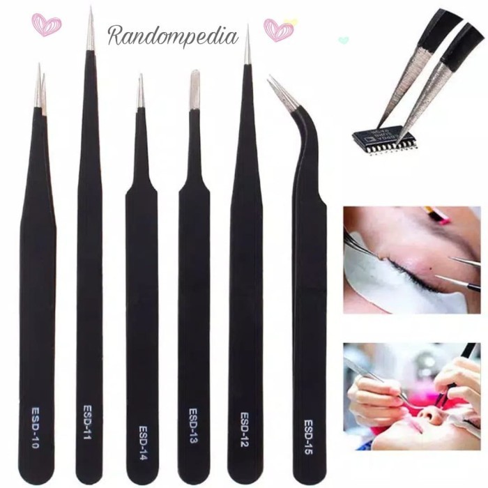 Pinset Set 6 Pcs Hitam / Tweezer Set Black / Anti Static Tweezers Set