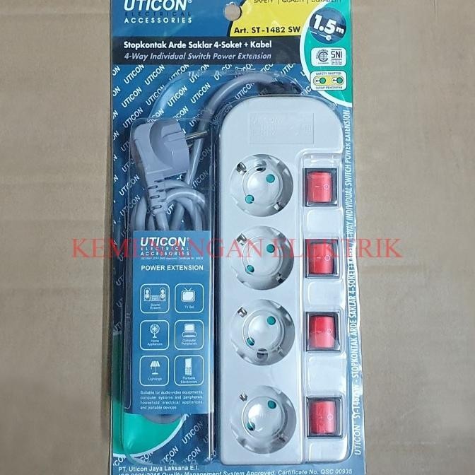 Stop Kontak Arde Uticon 4 Lubang St 1482 Sw + Saklar / Colokan Listrik