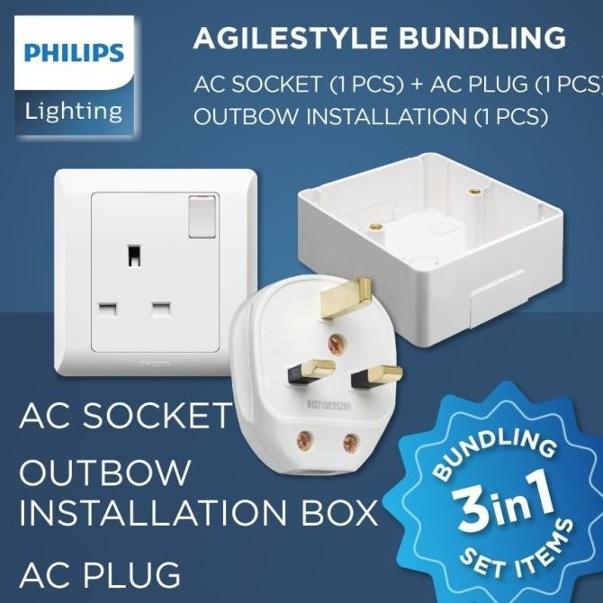 Bundling Philips Agilestyle Stop Kontak Ac + Steker Ac + Outbow Box