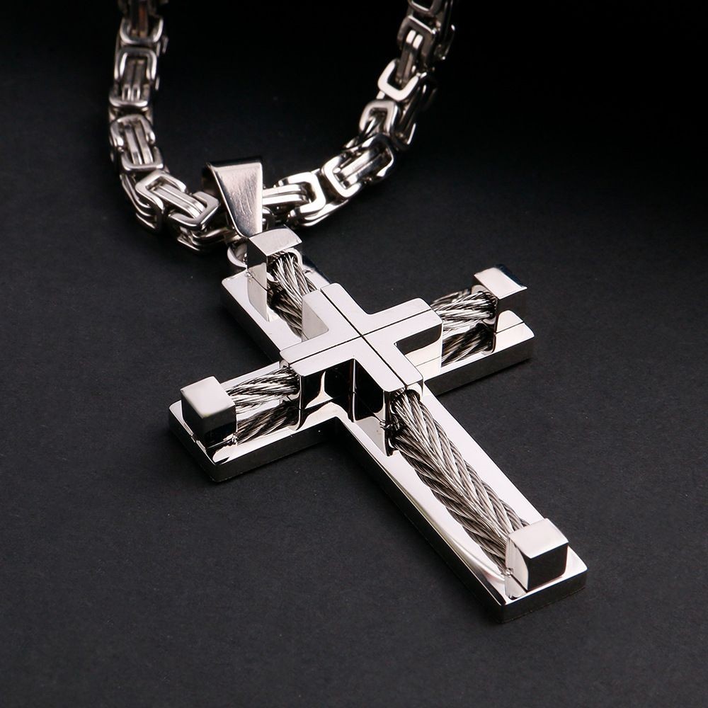 Kalung Pria Rantai Titanium dengan Liontin Salib Ganda Besar, Model Punk untuk Gaya Maskulin