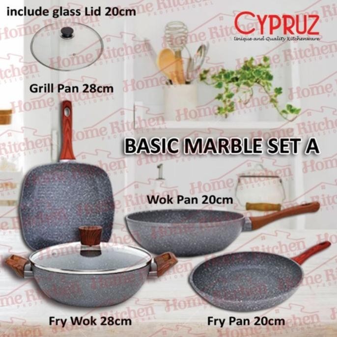 [Promo] Cypruz Marble Basic Set Wajan Wok Pan Fry Wok Panci Set 5Pcs