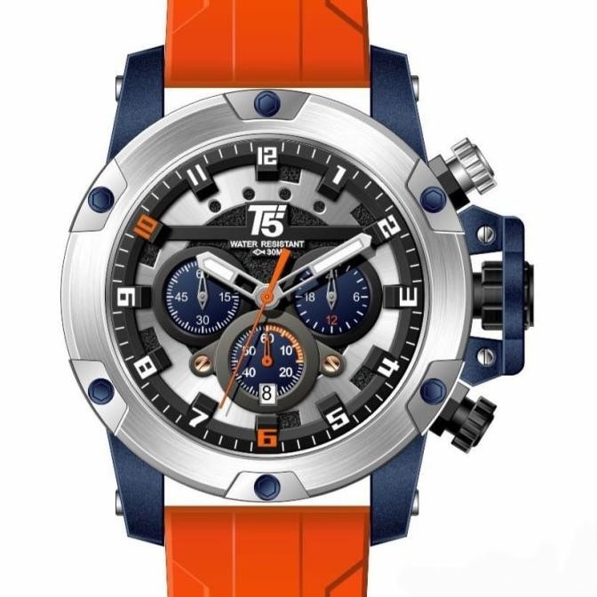 Jam Tangan Pria Original T5 H 3913G Orange Silver Blue