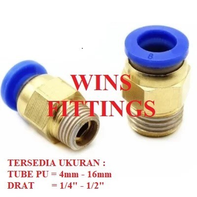 Nepel Fitting PU 1/8" 1/4" 3/8" 1/2" drat LUAR ke 10 12 14 16 mm Nipel lurus Push in pneumatic tube 