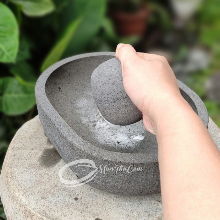 Dheao Cobek Lado Batu Kali Pori 30Cm Tebal 7-8Cm Mangkok + Ulekan