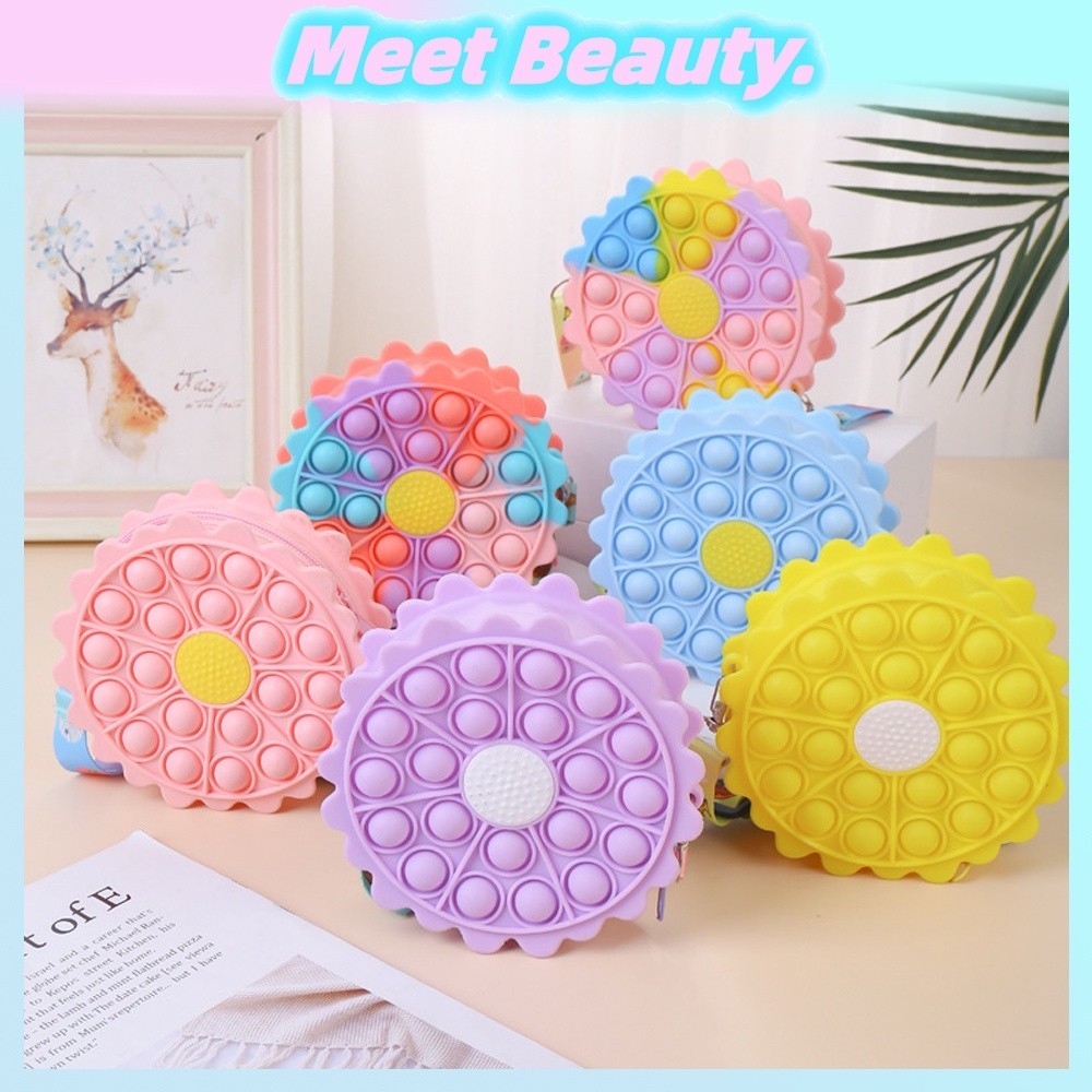 

Tas Bahu Pop It Bunga Matahari Mainan Fidget Sensor Gelembung Dorong Tas Kurir Mainan Pereda Stres untuk Hadiah Anak Perempuan