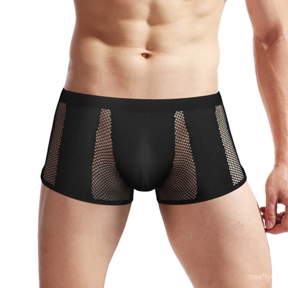 Sexy Men Mesh Patchwork Boxer Brief See Through Underwear Male Bulge Pouch Boxer Trunk See-Through U