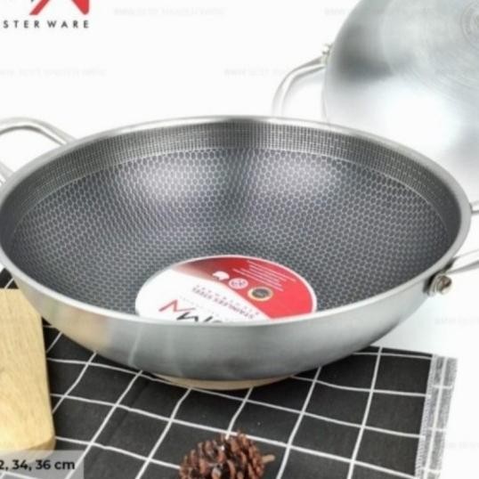 Wajan Wok Kuali Ggorengan Stainless Steel Tebal Anti Lengket 34Cm