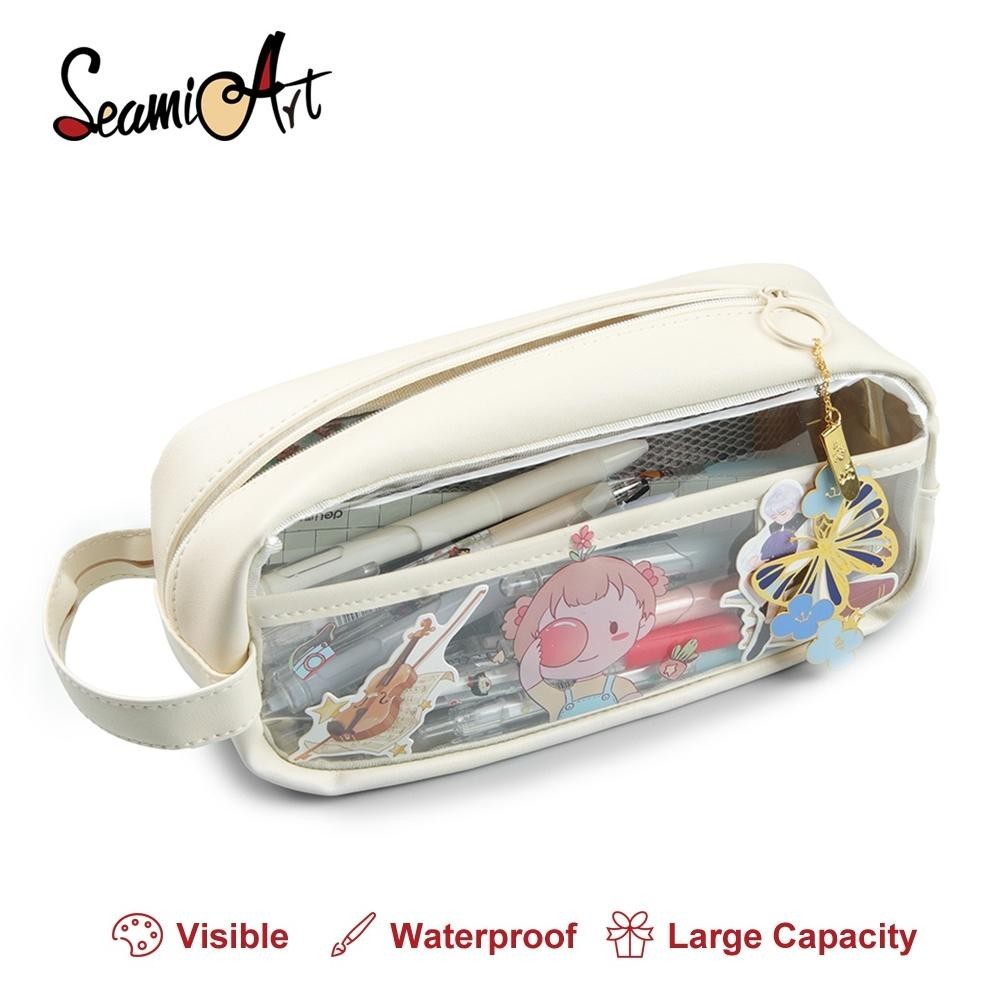 

fgs-3 SeamiArt PU Transparent Big Capacity Zipper Pen Case Tas pensil Kantong pen Cosmetic Bag Cream Color Multifunctional Bag Viral