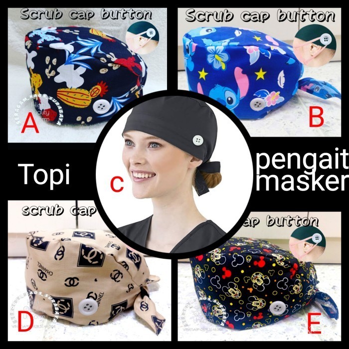 Hat scrub motif katun dengan kancing masker