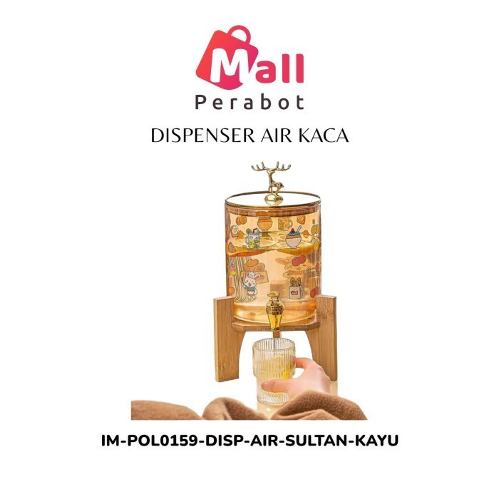 Dispenser Air Kaca Ketel Dingin dengan Tatakan Kayu Tempat Minum 2,6L
