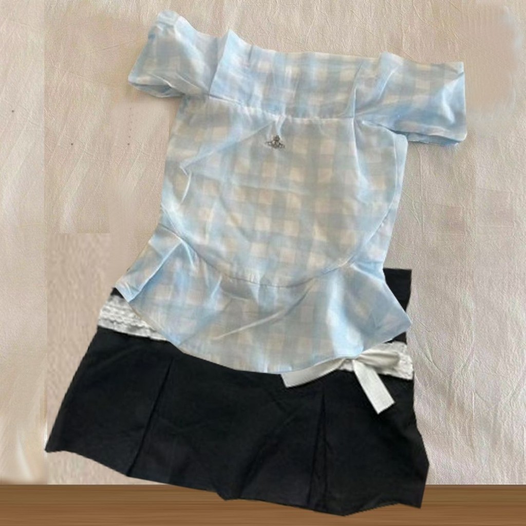 [Cream Winnie]Set dua potong rok pendek pelangsing atasan kotak-kotak Korea