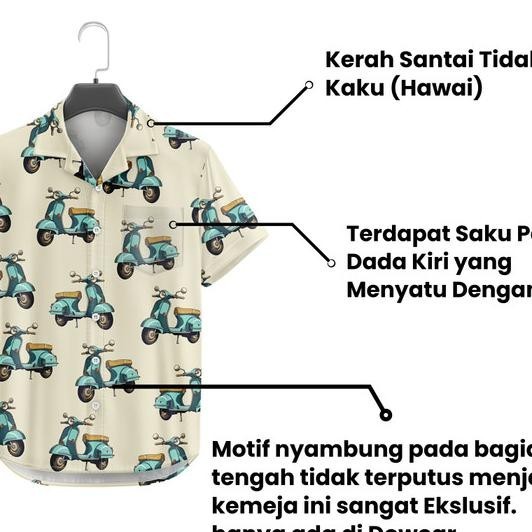 Dowear Baju Kemeja Santai Jumbo Pria Wanita Gambar Printing Hawaiian Lengan Dek Vespa Antique 903