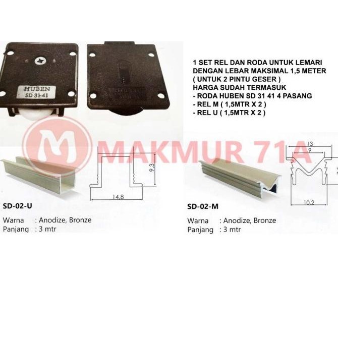 Set Rel Dan Roda Lemari Sliding Untuk 2 Daun Pintu / Lemari Geser 3141