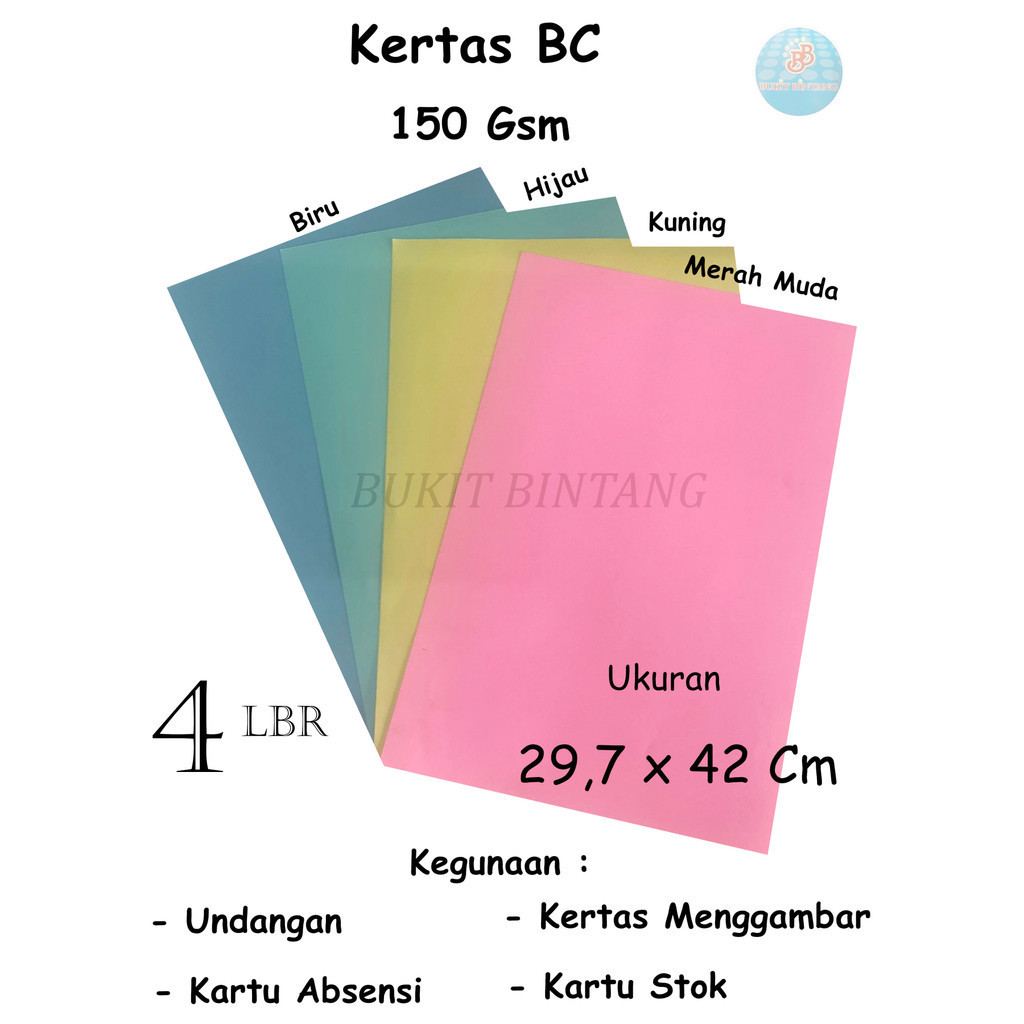 

Karton manila / Kertas Bc Warna / Bc Kuning , Bc Merah Muda , Bc Hijau , Bc Biru 150 Gsm Uk 29,7 x 42 Cm ,isi 4 lembar