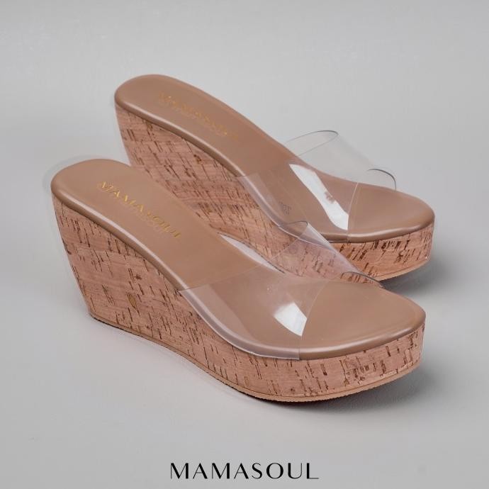 MAMASOUL Zoe - Wedges Sepatu Sandal Selop Wanita Transparan Sendal 9cm - NUDE,39 BS01