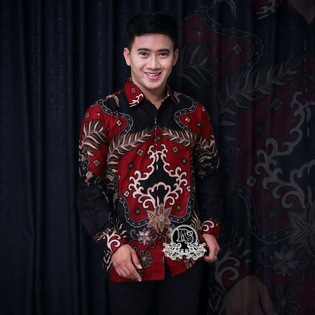 Baju Kemeja Batik Pria Kantor Lengan Panjang motif Kenzo Merah Katun