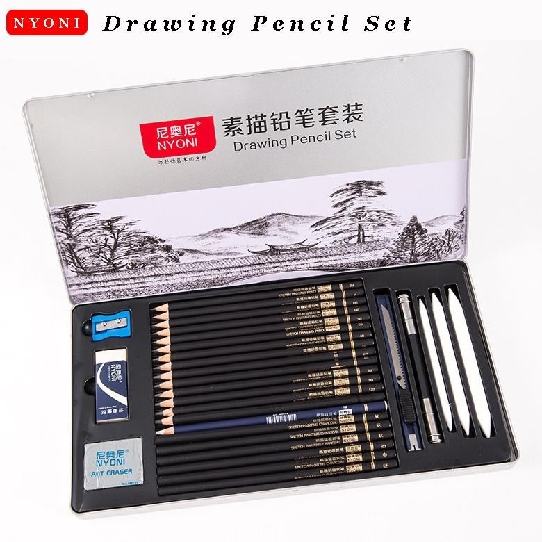 

Hot Nyoni Drawing Pencil Gambar Set 29Pcs Drawing Sketch Pencil Set Tin Box Pensil Gambar Hig Quality