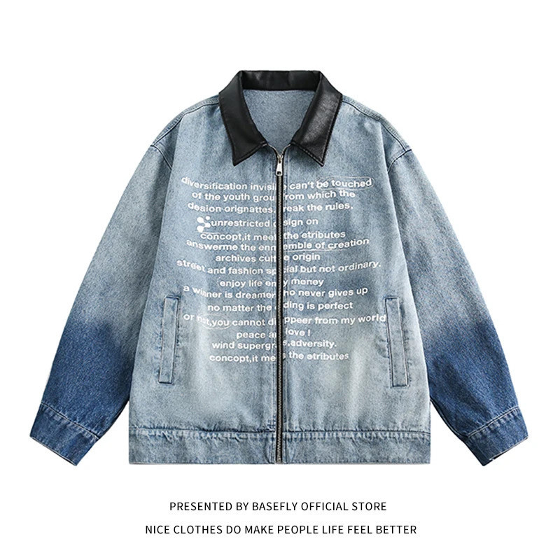 Autumn Spring Letter Print Zipper Gradient Denim Jean Jacket Unisex Men Baseball Bomber Unisex Women