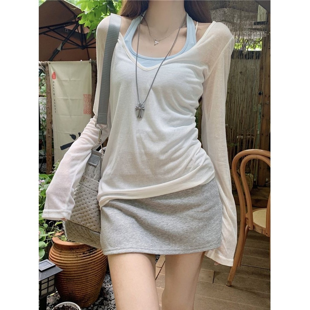 <Crunchy brulee>Tank Top Halter Wanita Lengan Panjang Tipis Kerah V Dua Potong Modis