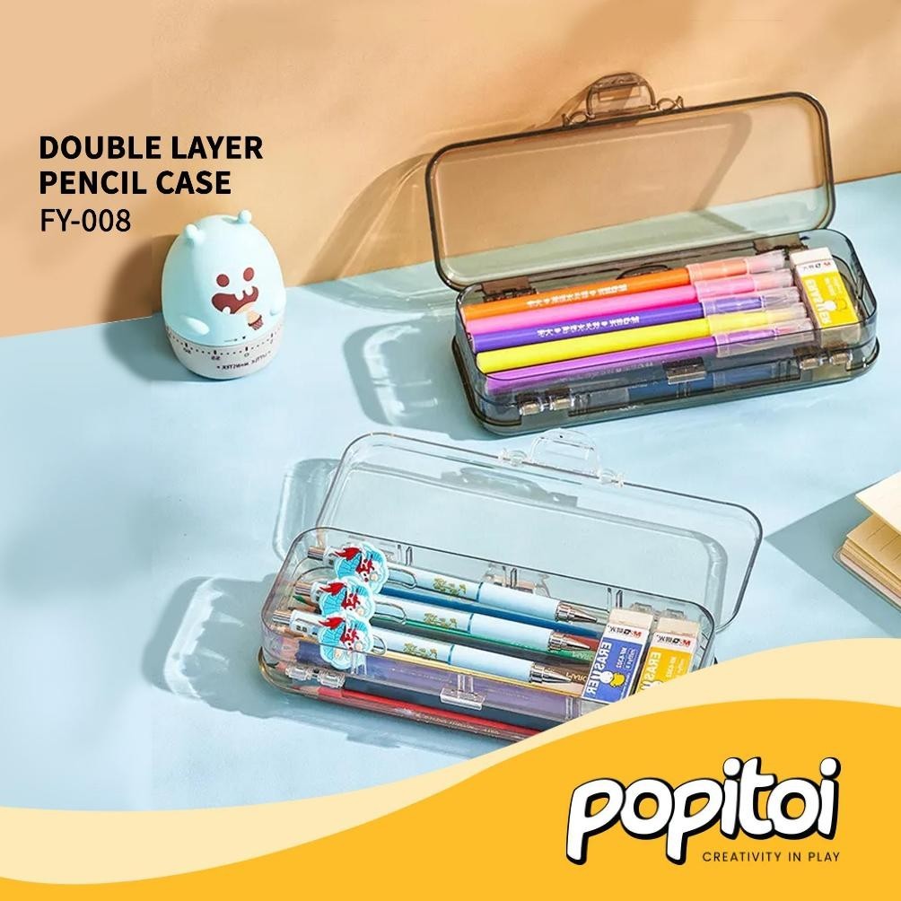 

Hot Sale Transparent Pencil Case Box Stationery Double Layer Pen Kotak Pensil Plastik Transparan Dgh-43