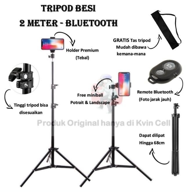 Gratis Ongkir Tripod Hp Handphone 2 Meter Bluetooth Remote 2,1M Kamera 2M 2.1 Kokoh Besi Kuat Ring L
