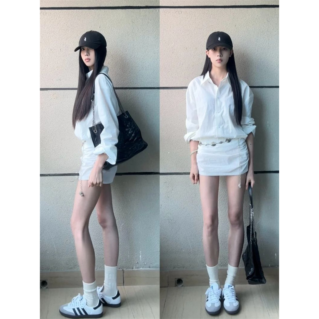 <Crunchy brulee> dress Gaun kemeja kerah longgar berdesain rok pendek memeluk pinggul pelangsing pin