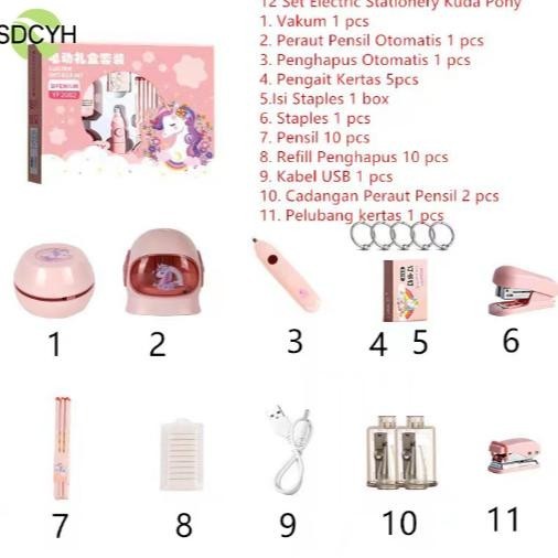 

rwet-23 SDCYH Electric Stationery Set / Set Alat Tulis Elektrik Rautan Penghapus Vacuum Pensil 11 In 1 Murah