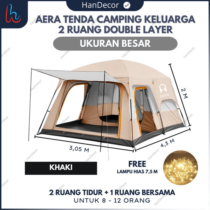 {DianShop} TENDA CAMPING 4 ORANG DEWASA  TENDA CAMPING FAMILY 4 ORANG 2 RUANGAN - 12 Orang Khaki Mur
