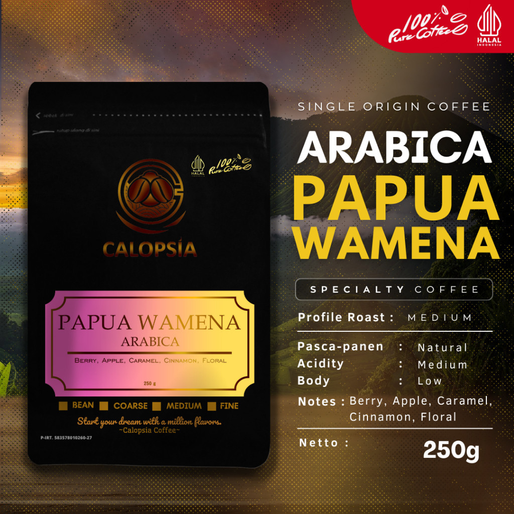 

CALOPSIA Kopi Papua Wamena Arabica Single Origin 250 Gram (Specialty Grade 1) | Kopi Arabica