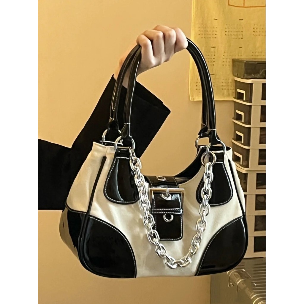 Nylon Underarm Bag Patent Leather Canvas Metal Chain Crossbody Bag